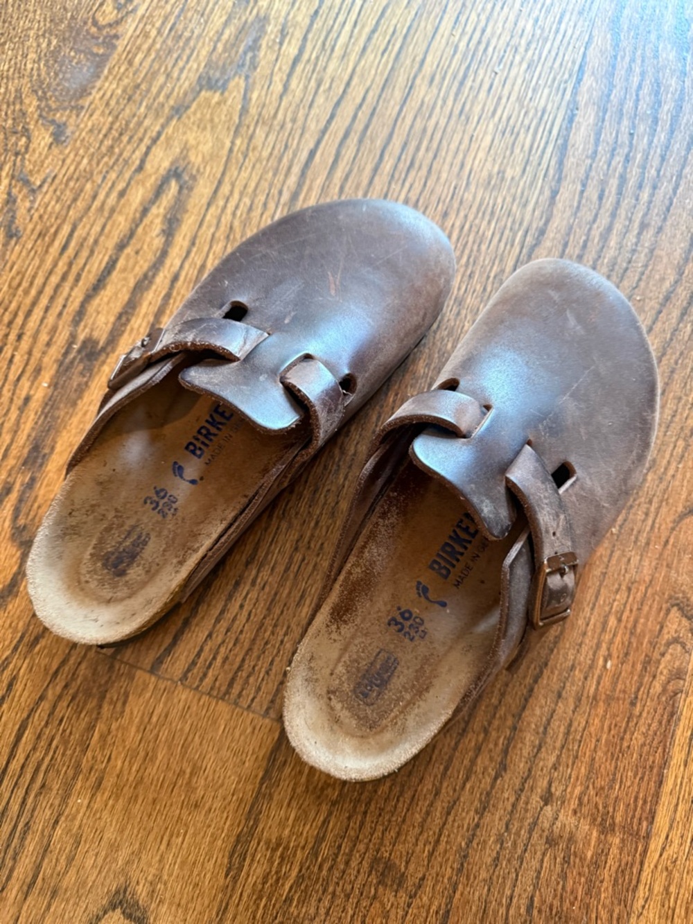 Birkenstock Brown Leather Slip-On Clogs with Buckle